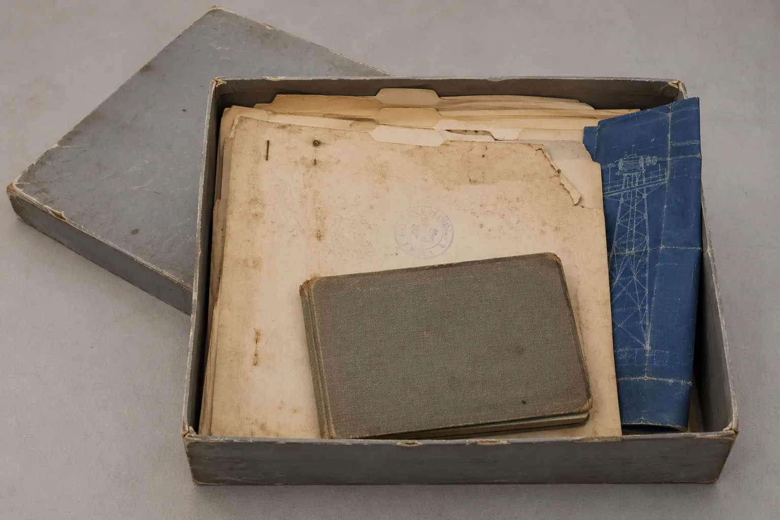 A worn grey archival document box with the lid removed, containing manila folders, a cloth-bound notebook, and a folded blue engineering drawing.