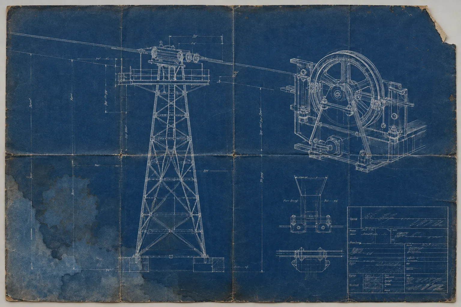 A 1920s cyanotype blueprint of a lattice steel ropeway tower with a detail of the sheave mechanism and a title block, water staining across the lower left.