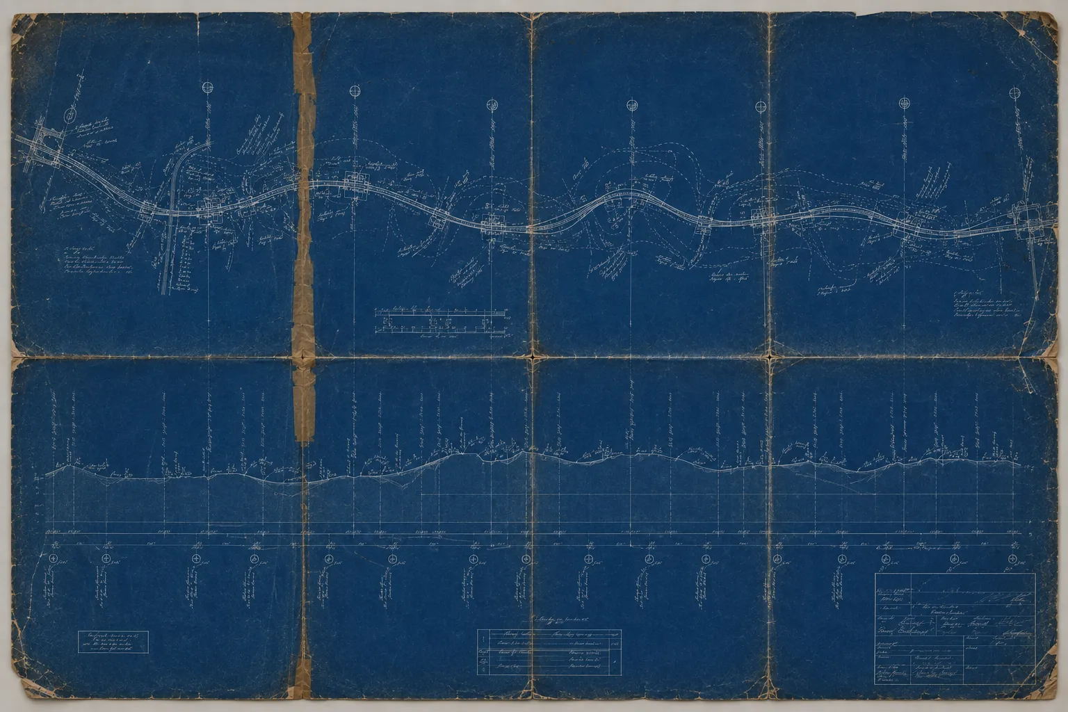 A 1920s cyanotype blueprint showing a long plan and profile of a rail corridor, with heavy fold creases dividing the sheet into panels.