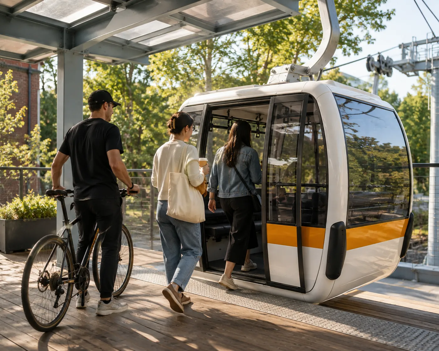 Rendering of three people stepping into a gondola cabin from a low platform, one with a bicycle, under a steel canopy in warm morning light.