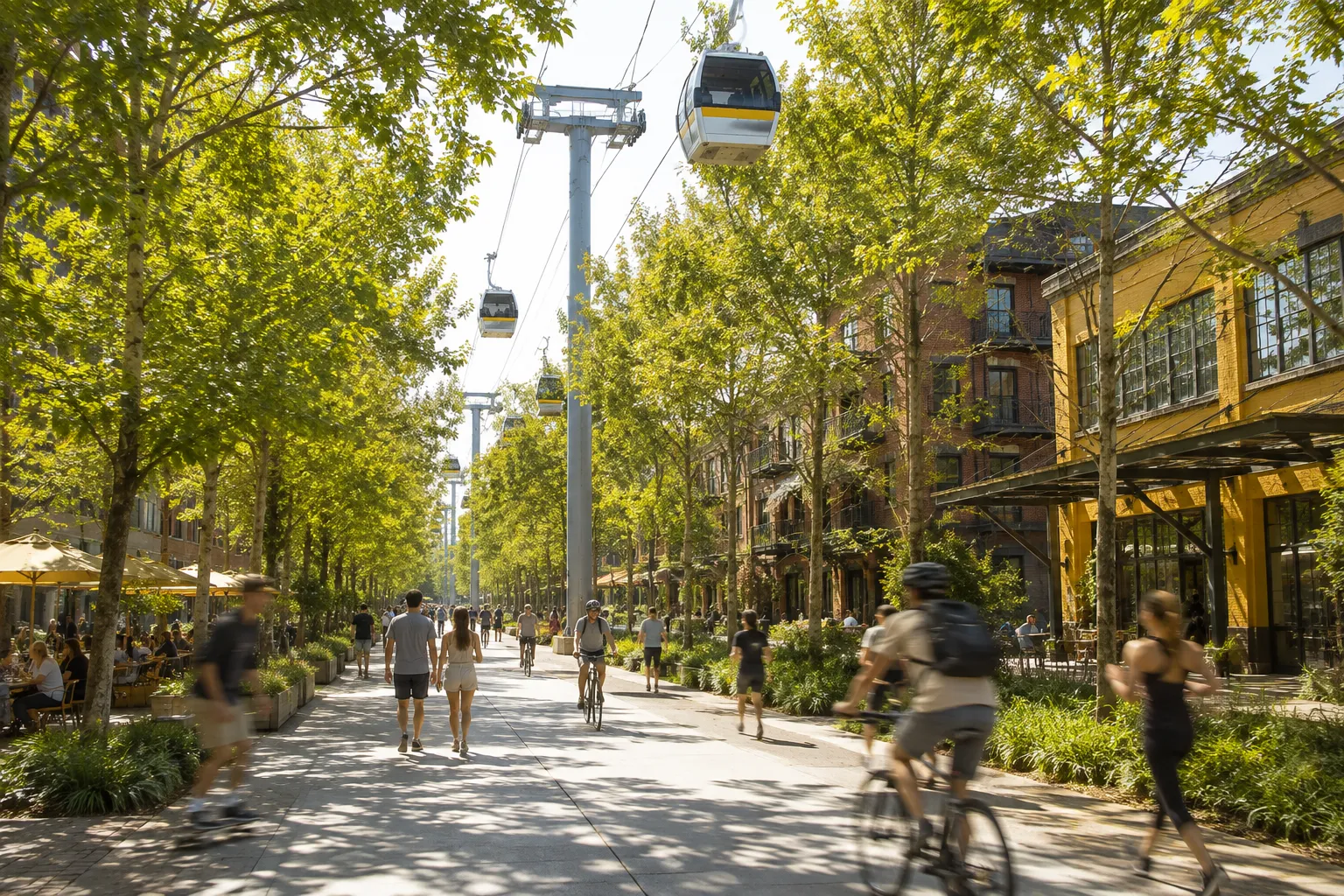 Rendering of a tree-lined section of the Beltline in bright sunlight, with gondola cabins passing overhead and people walking, cycling and sitting at cafe tables below.