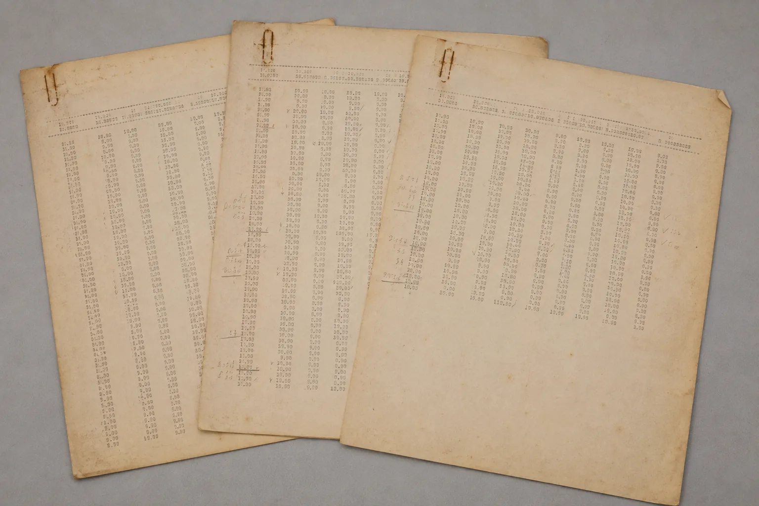 Three yellowed typewritten sheets from 1927 fanned on a grey table, columns of figures with pencilled corrections in the margin.